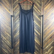 Vintage Slinky Silky Side Split Black Lace Full Length Nightgown Lingerie Medium