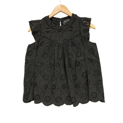 Decjuba Blouse Womens 8 Black Cotton Lace Eyelet Flutter Sleeve Top Embroidered
