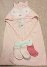 NEW Baby Girl Gift Set Pink Fox Hooded Towel Infant One Size W/Socks