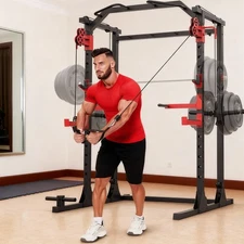 Power Cage Squat Rack with Dual Pulley Cable Crossover System for Home Gym NEW