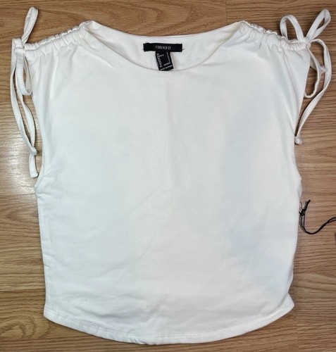 Forever 21 Women’s Cream Sleeveless Cropped TANK TOP Tee Shirt Knit DRAWSTRING - Picture 2 of 7
