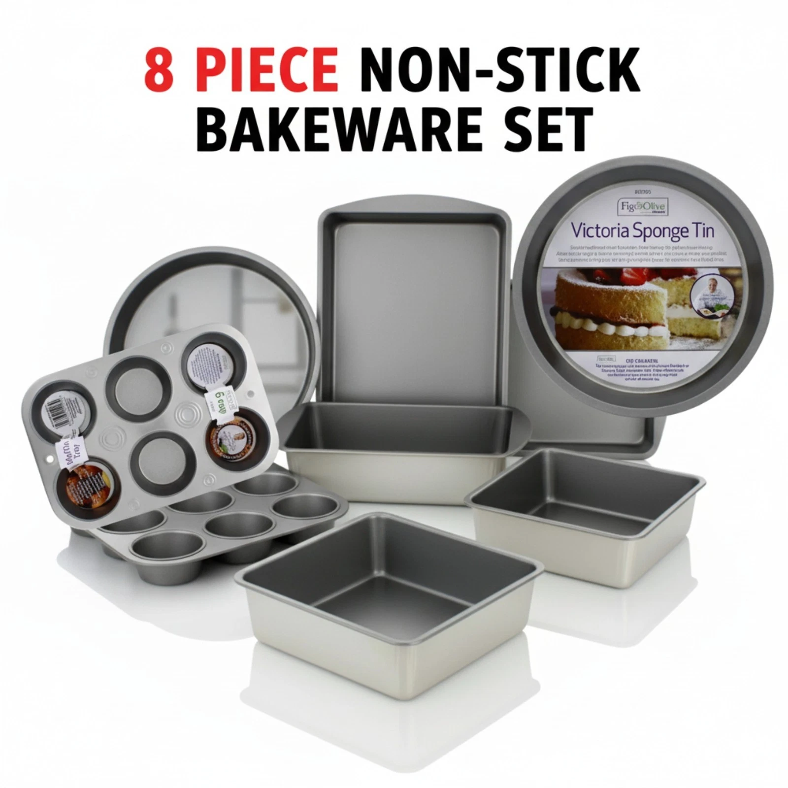 8 Piece Non Stick Bakeware Set with Muffin Tray Oven Tray Cake Tins Baking