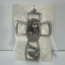 Vintage First Holy Communion Cross Body of Christ Pewter Cross With White Ribbon