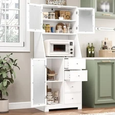 64'' Tall Kitchen Storage Cabinet, Kitchen Hutch with Microwave Stand,