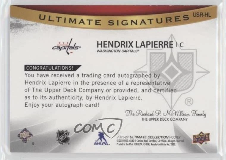 2021 Upper Deck Ultimate Collection Signatures Rookies Hendrix Lapierre Auto RC - Image 2 of 2