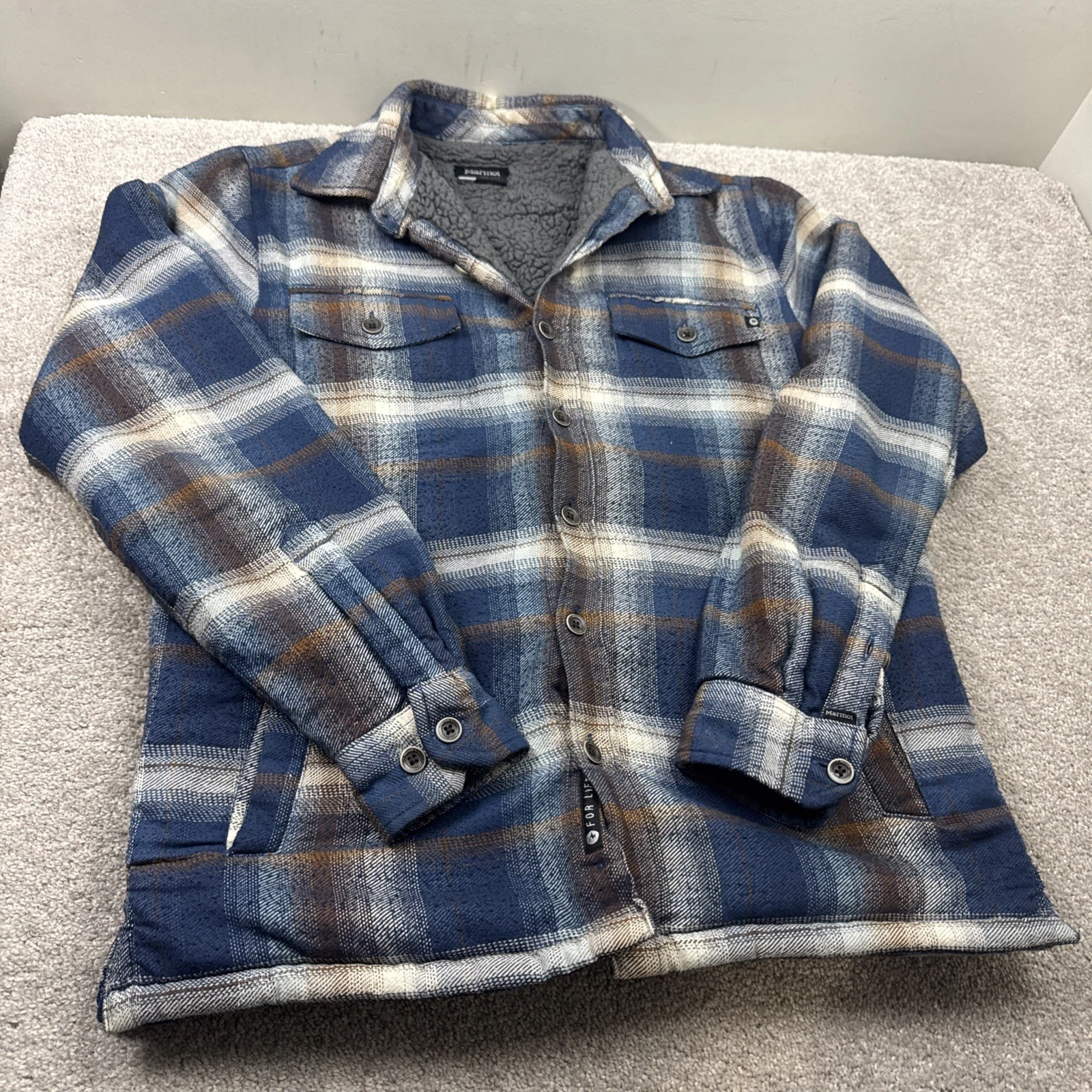 Marmot Ridgefield Shacket Sherpa Lined Blue Flannel Shirt Small Jacket Button