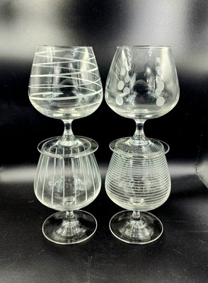 4 ARC FRANCE BRANDY SNIFTERS GLASSES ETCHED POLKA DOTS SWIRLS LINES