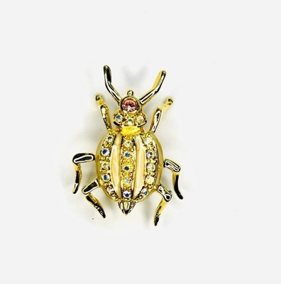 Vintage Joan Rivers Beetle Enamel AB Rhinestone Small Bug Brooch Pin Gold Tone