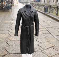 Trench lungo donna in pelle nera vintage con cintura – Taglia  44
