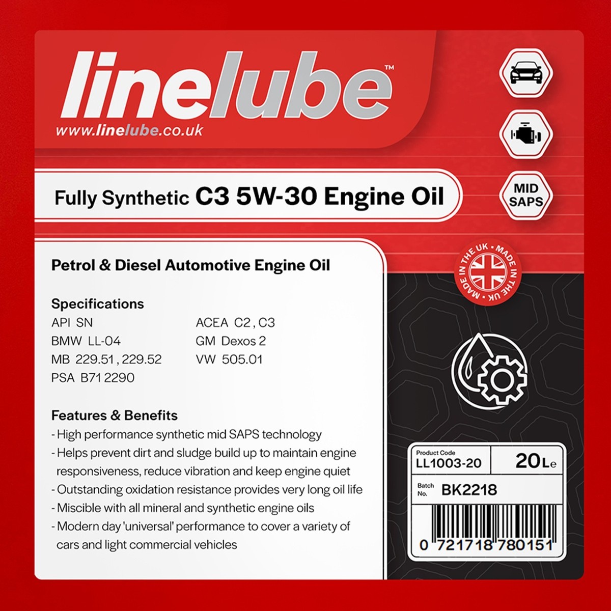 20L Linelube™ Longlife 5W-30 ACEA C3 Fully Synthetic Engine Oil