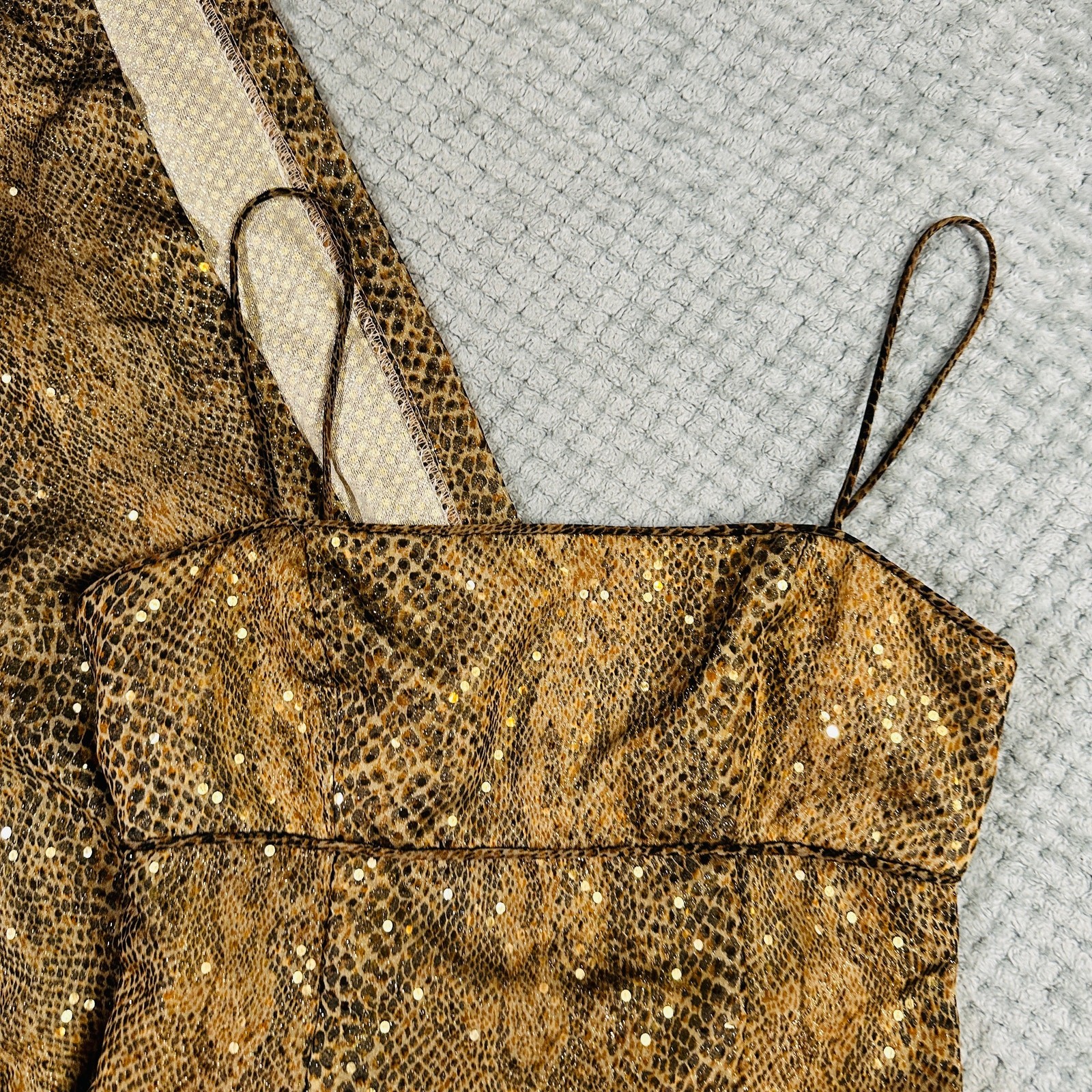 Vintage Y2K Gold snakeskin print square neck maxi formal dress sparkly glittery