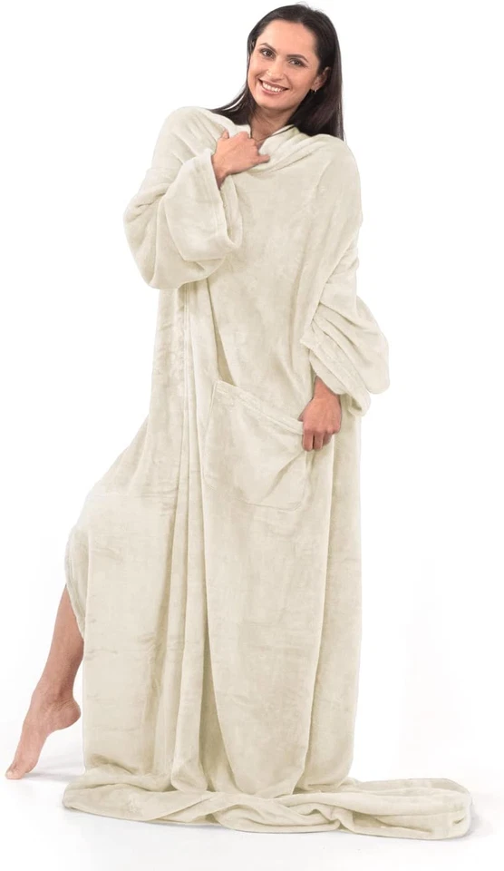 Coperta Con Maniche per Bambini in Microfibra Poliestere Beige 90 X 105 Cm Lazy - Immagine 3 di 4