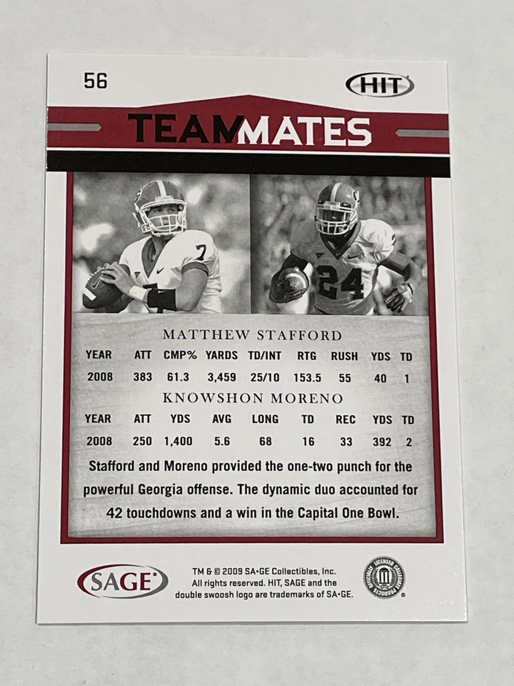 2009 SAGE HIT Football #56 - Matthew Stafford RC - Georgia Bulldogs - Image 2 of 2