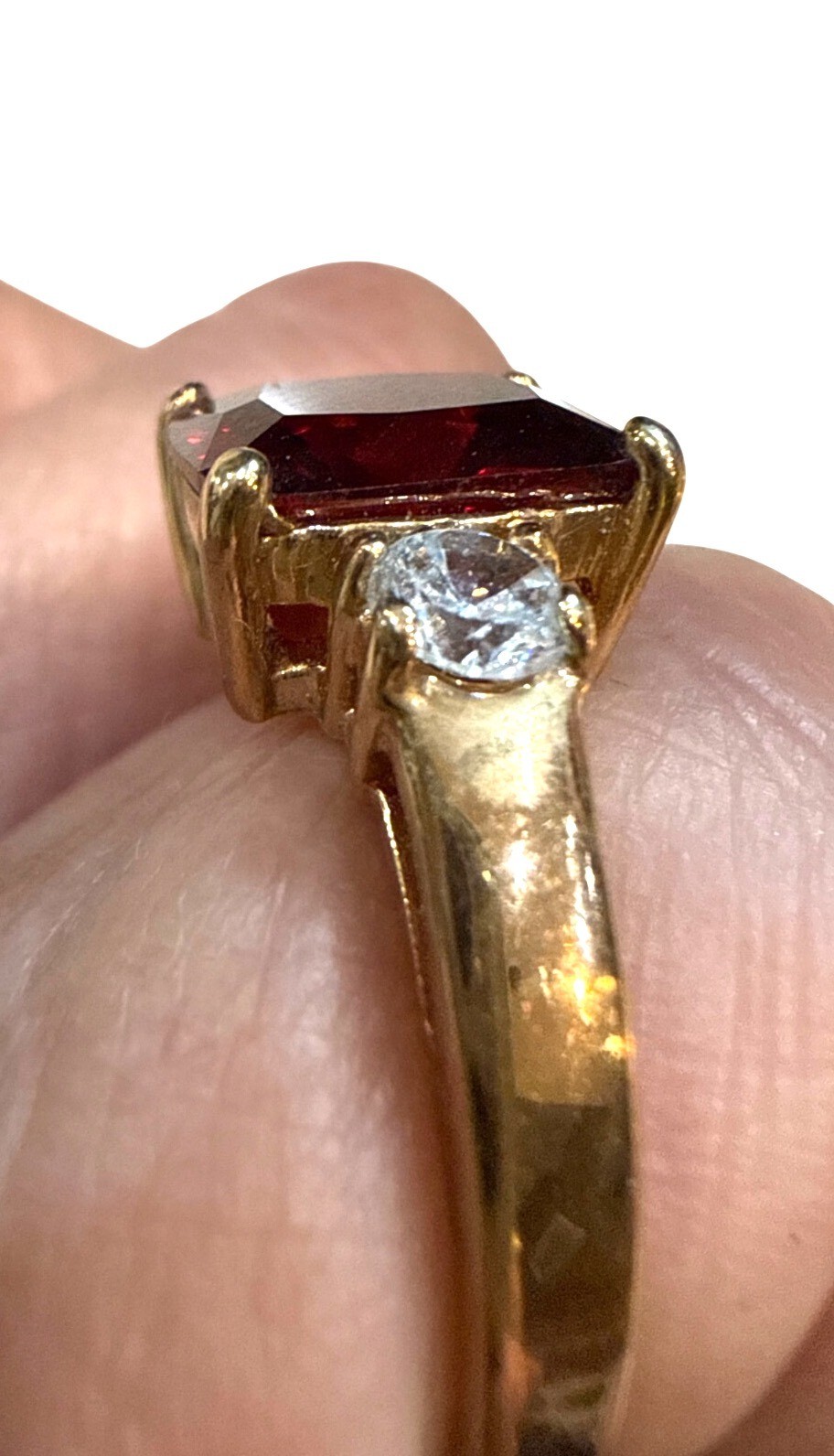 Gold Ring With Rectangular Red Gemstone & Two Whi… - image 6