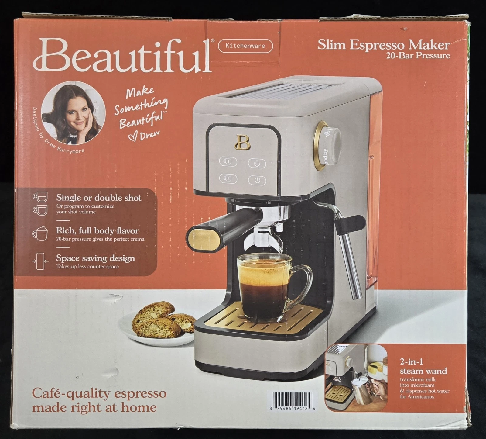 Beautiful 19418 Slim Espresso Maker 20-Bar Pressure Porcini Taupe