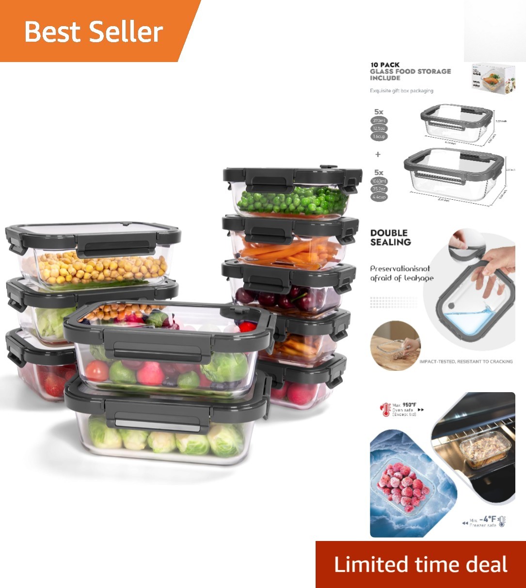 10-Pack Glass Containers with Tempered Lids - For Meal Prep & Leftovers