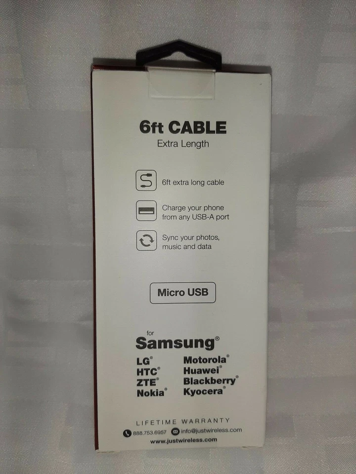 NEW Just Wireless 6 ft MicroUSB Cable Black Samsung, LG, HTC, Huawei - Image 2 of 2