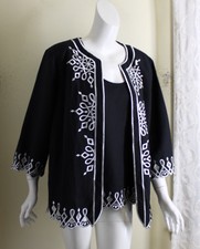 Nwt Bob Mackie Sz 1x Black Embroidered Cut-away 3/4 Linen Jacket Twinset Top Lux