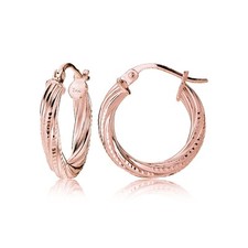 Rose Gold Tone over Sterling Silver 3mm Textured Twist Round Hoop Earrings, 15mm