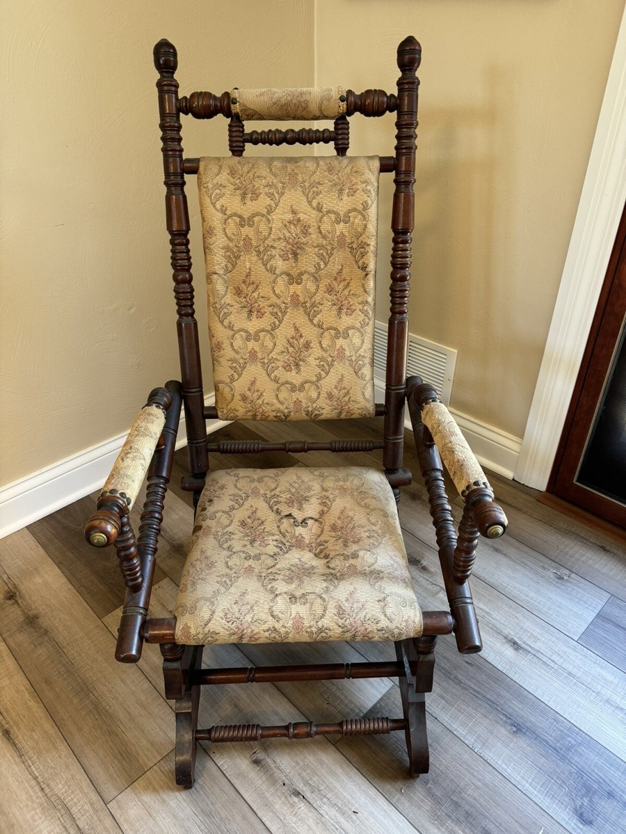 Antique Spindle Plaform Rocker Rocking Chair, Needle Point