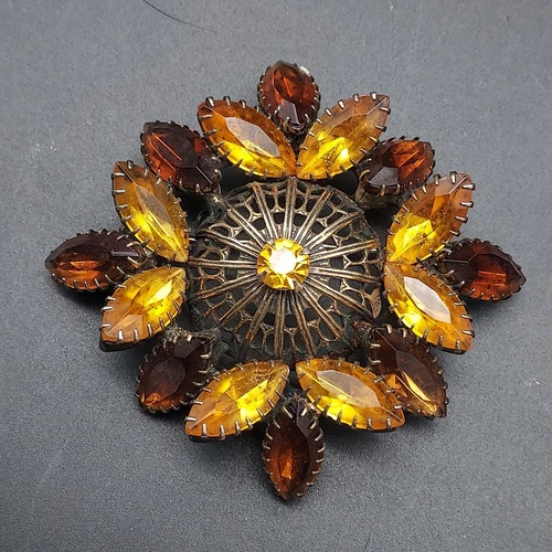Vintage Rhinestone Brooch Citrine Rootbeer Color 1950s Glam Costume Jewelry