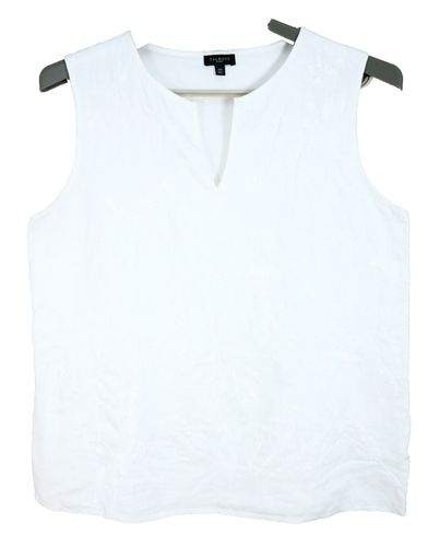 TALBOTS Women's Linen Cotton Tank Top Sequin Floral Lined White Size 12p Petite