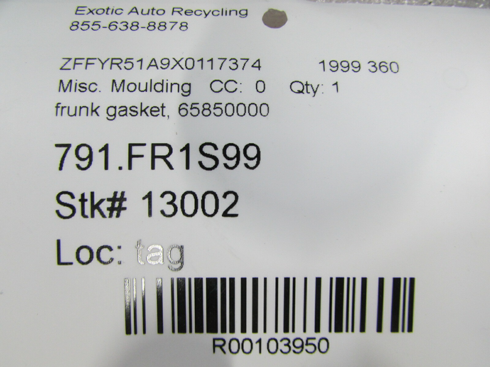 Ferrari 360, Front Trunk Carpet Rubber Molding, Used, P/N 65850000