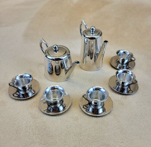 1924 London Mini Sterling Silver Tea / Coffee Pots & 5 Dutch Silver Cups Saucers - Picture 1 of 14