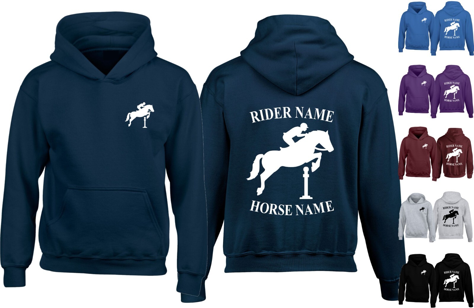 FELPA CON CAPPUCCIO PERSONALIZZATA CAVALLO CAVALIERE EQUESTRE MONTAGGIO ADULTI BAMBINI PONY FELPA UNISEX