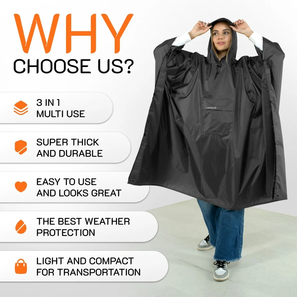 CROSSLER 连帽雨披带口袋,男式女式成人,3 合 1 防水 — 第 3/4 张图片