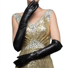 Women's Opera Genuine Leather Gloves Black Ladies Lambskin Lined Long Gloves