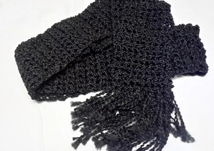 Black Scarf 81x5 Long Goth Chunky Handmade Crochet Hand Knit Unisex Winter NWT