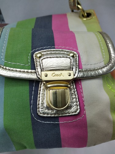 Coach Multicolor Canvas Gold Leather Trim Stripe Pushlock Hobo Shoulder Bag - Picture 5 of 19