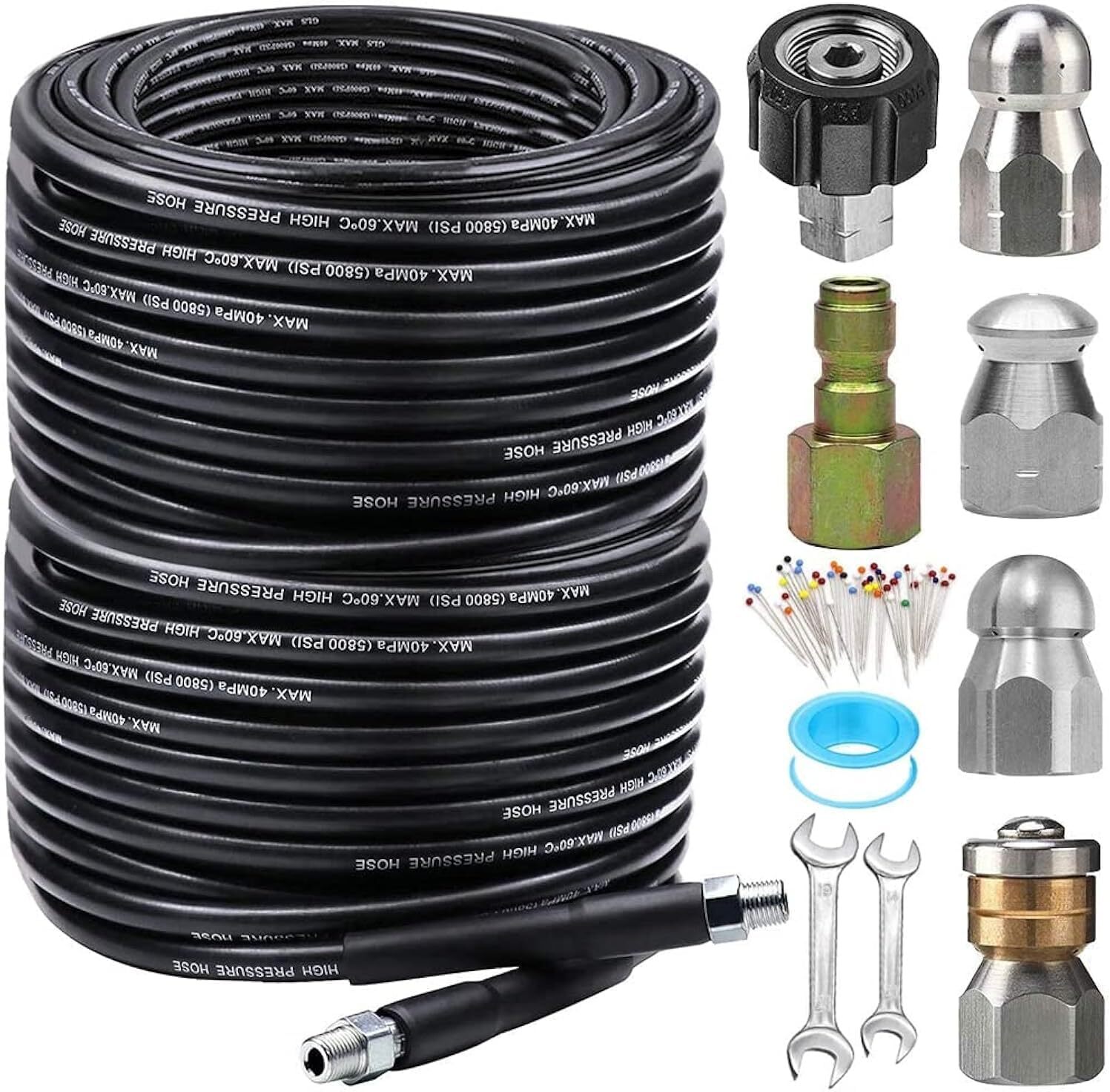 200FT Sewer Jetter Kit for Pressure Washer, 5800PSI Drain Cleaner Hose 1/4 Inch