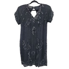 Vintage 80s Silk Black Beaded Sequined Short Sleeve Flapper Dress Sz M Cutout