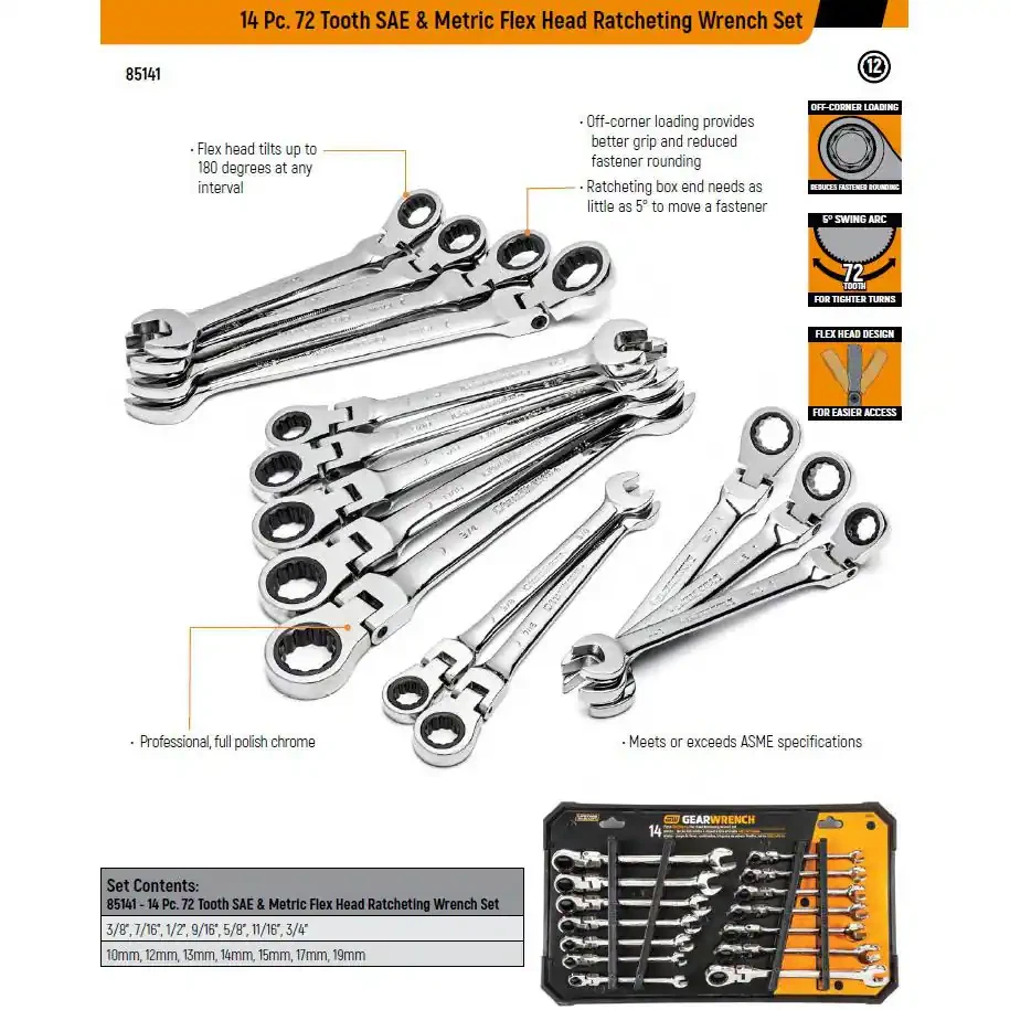 Sae/Metric 72-Tooth Flex Head Combination Ratcheting Wrench Tool Set (14-Piece) - Image 2 of 4