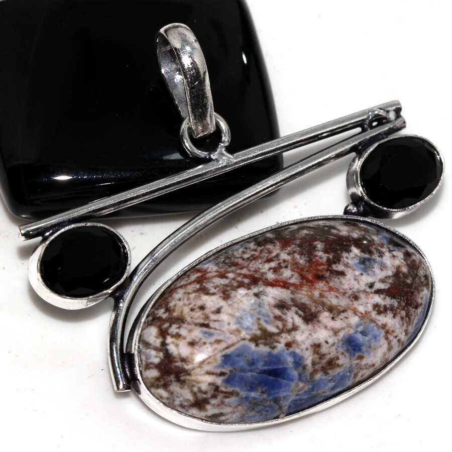 Sodalite Black Onyx 925 Silver Plated Long Gemstone Handmade Pendant 1.6