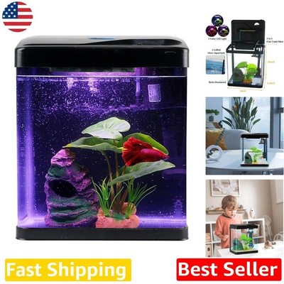 Self Cleaning Nano Aquarium - 2 Gallon Glass Betta Fish Tank, LED Decor