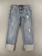 Seven7 Women's Jeans Size 4 Blue Cropped Cuffed Distressed Low Rise 23" Denim