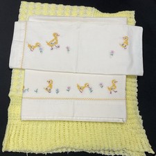 Vintage Baby Crib Flat Sheet Pillow Case Embroidered Ducks  Yellow Blanket