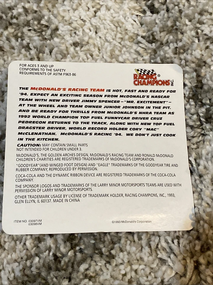 Racing Champions 1994 promoción NHRA Top Fuel 1:64 Cory McClenathan McDonald's pequeño Foto 4 de 4