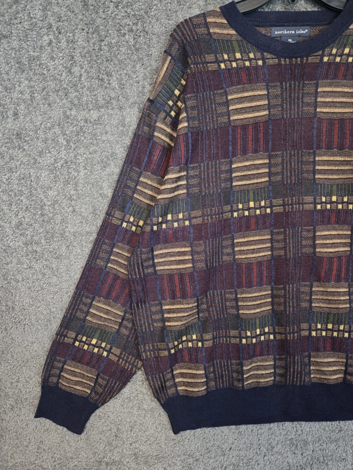 Vintage Sweater Men's 2XL Multicolor Geometric Plaid Knit Pullover 1990s Grandpa - Image 3 of 4