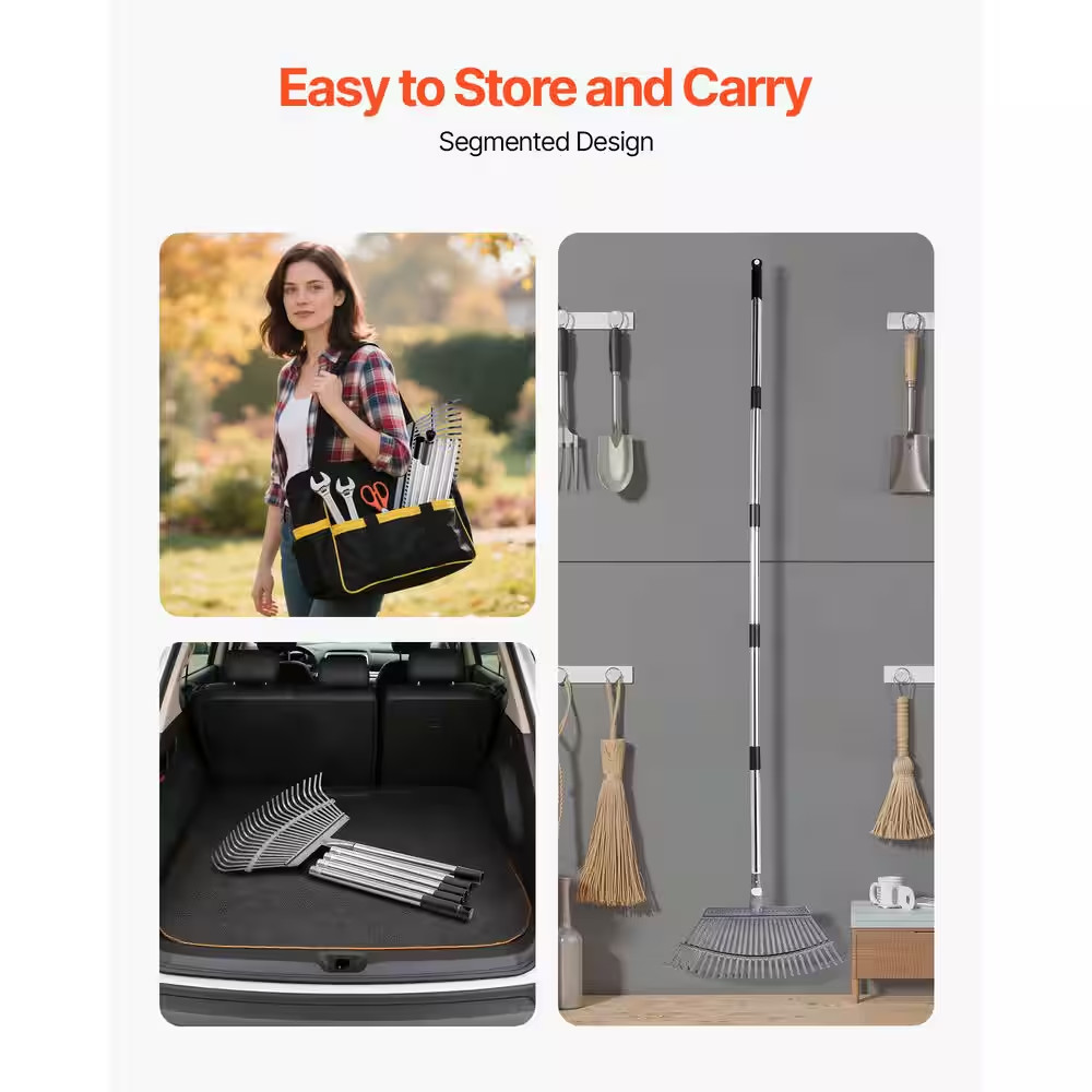 Leaf Rake, 25 Metal Tines, Adjustable Garden Rake for Lawns with 18.3 In. Wide H