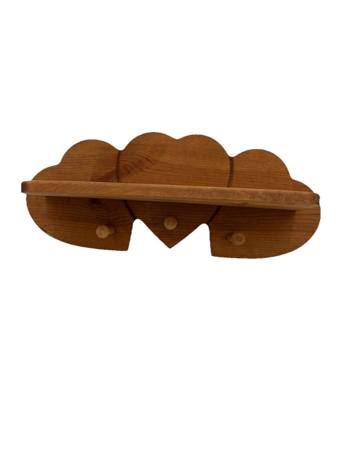 Vintage Wood Heart Shaped Shelf & 3 Pegs Cutouts 21”x9” Farmhouse Cottagecore