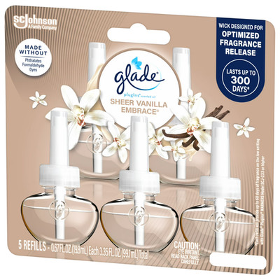 Glade PlugIns Scented Oil 5 Refills, Air Freshener, Sheer Vanilla Embrace, Essen