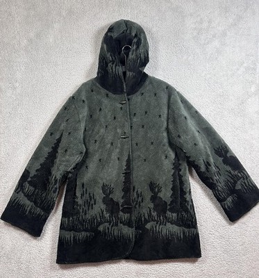 Outbrook Hooded Fleece Jacket Womens Large Green Black Moose Forest Toggle Coat