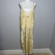 Vintage California Dynasty Satin Lace Slip Dress Chiffon Slit Nightgown Beige