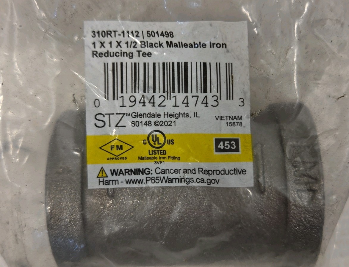 STZ  1" x 1" x 1/2" black malleable iron pipe reducing tee 