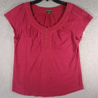 Eddie Bauer Womens Maroon Red Top Size Large Round Neck 1/4 button Classic Soft