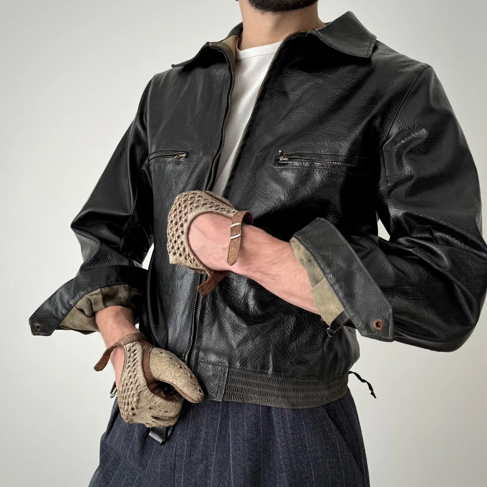 Vintage 1960s, 1950s Swiss Cyclist Black Leather Faded Jacket - Image 2 of 4